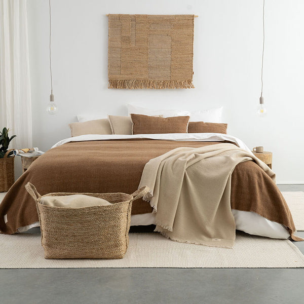 Herringbone deken Camel  220cm  x 240cm - Visgraat plaid - wol