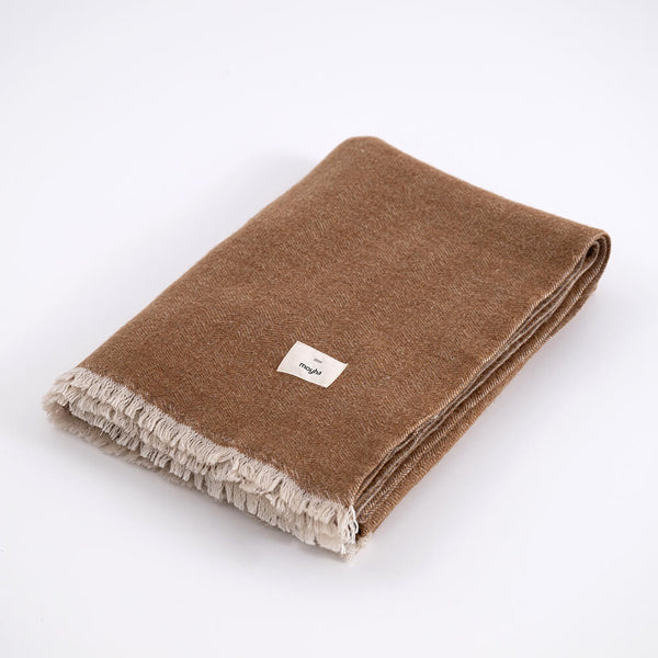 Herringbone deken Camel  220cm  x 240cm - Visgraat plaid - wol