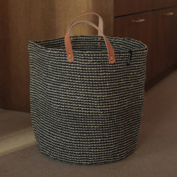 Mand met lederen Handvaten Wol/Sisal - Large